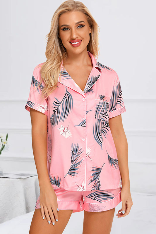 Printed Button Up Short Sleeve Top and Shorts Lounge Set Pink