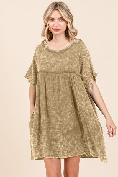 Culture Code Full Size Short Sleeve Babydoll Texture Dress with Pockets Iced Coffee