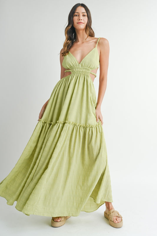 MABLE Cutout Waist Backless Maxi Dress Sage