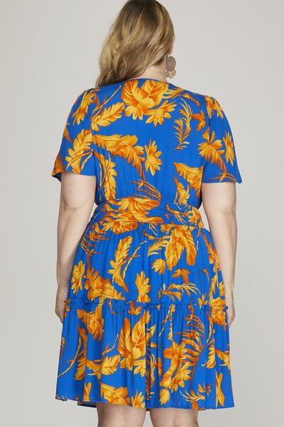 She + Sky Full Size Printed Notched Short Sleeve Frill Tiered Dress Plus Size