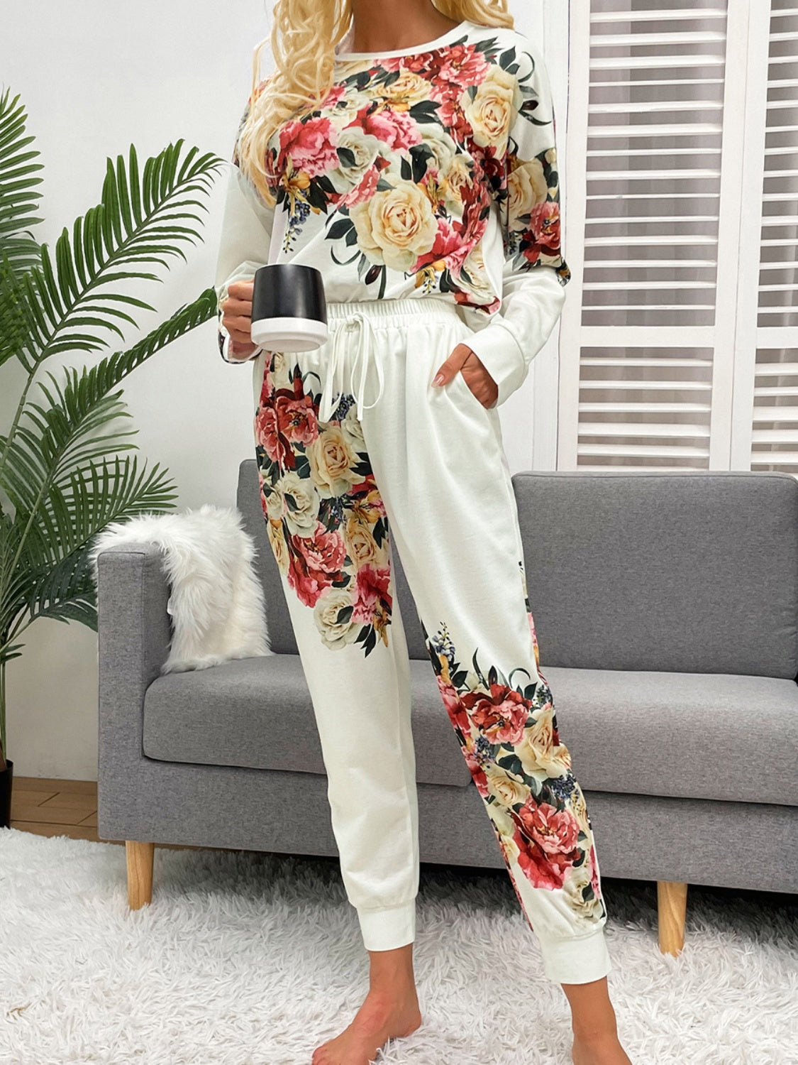 Printed Round Neck Top and Pants Lounge Set White