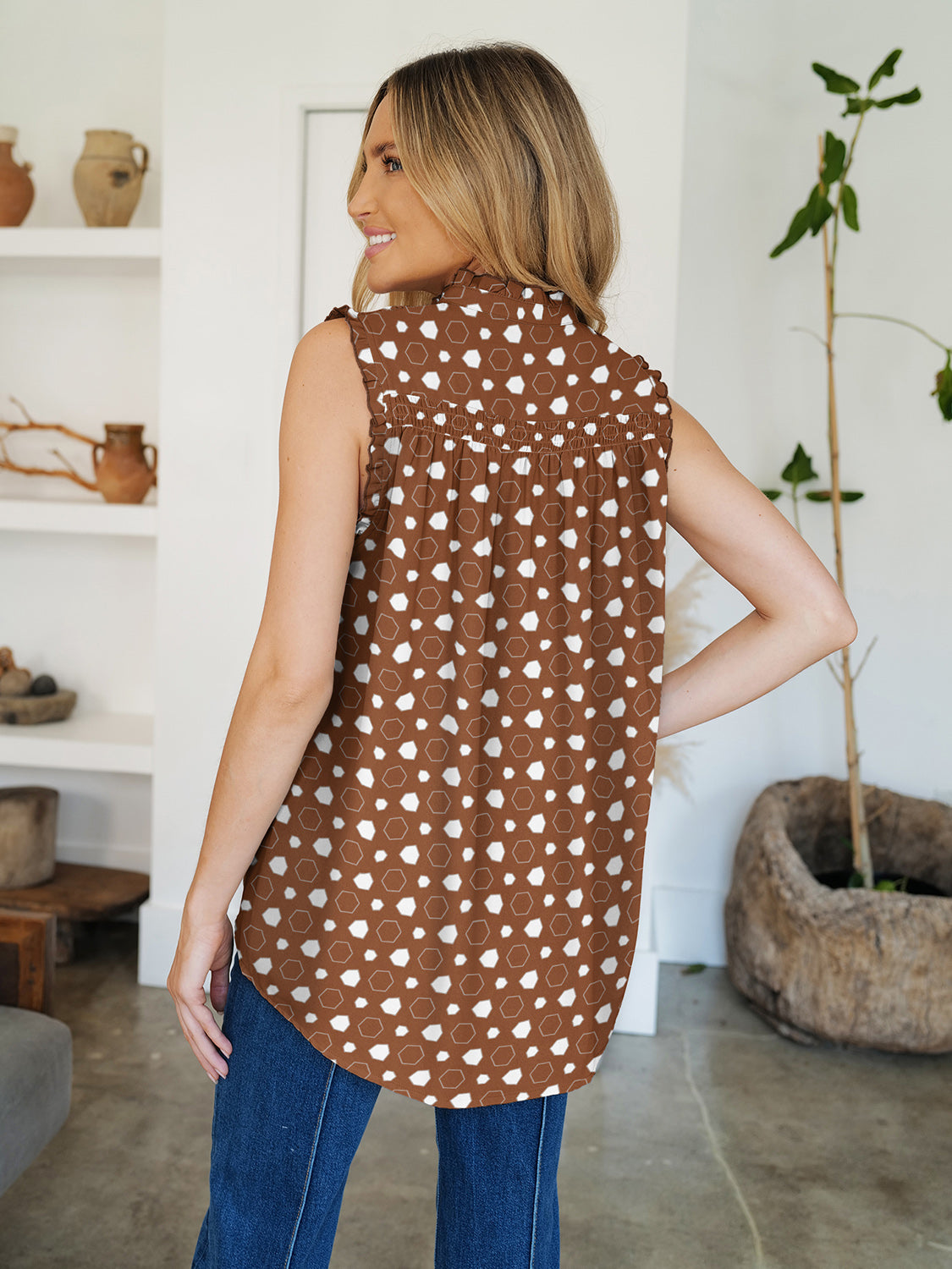 Frill Printed Mock Neck sleeveles blouse in Polka Dot, Striped, and Floral