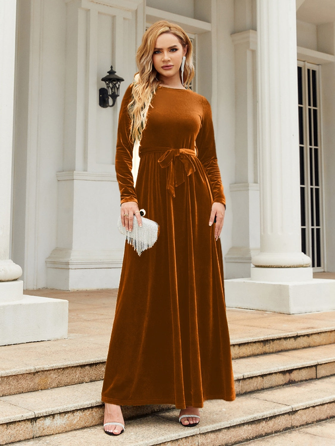 Tie Front Round Neck Long Sleeve Maxi Dress Caramel