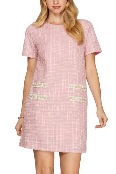 She + Sky Full Size Short Sleeve Pearl Studded Trim Knit Tweed Dress Plus Size Blush Pink