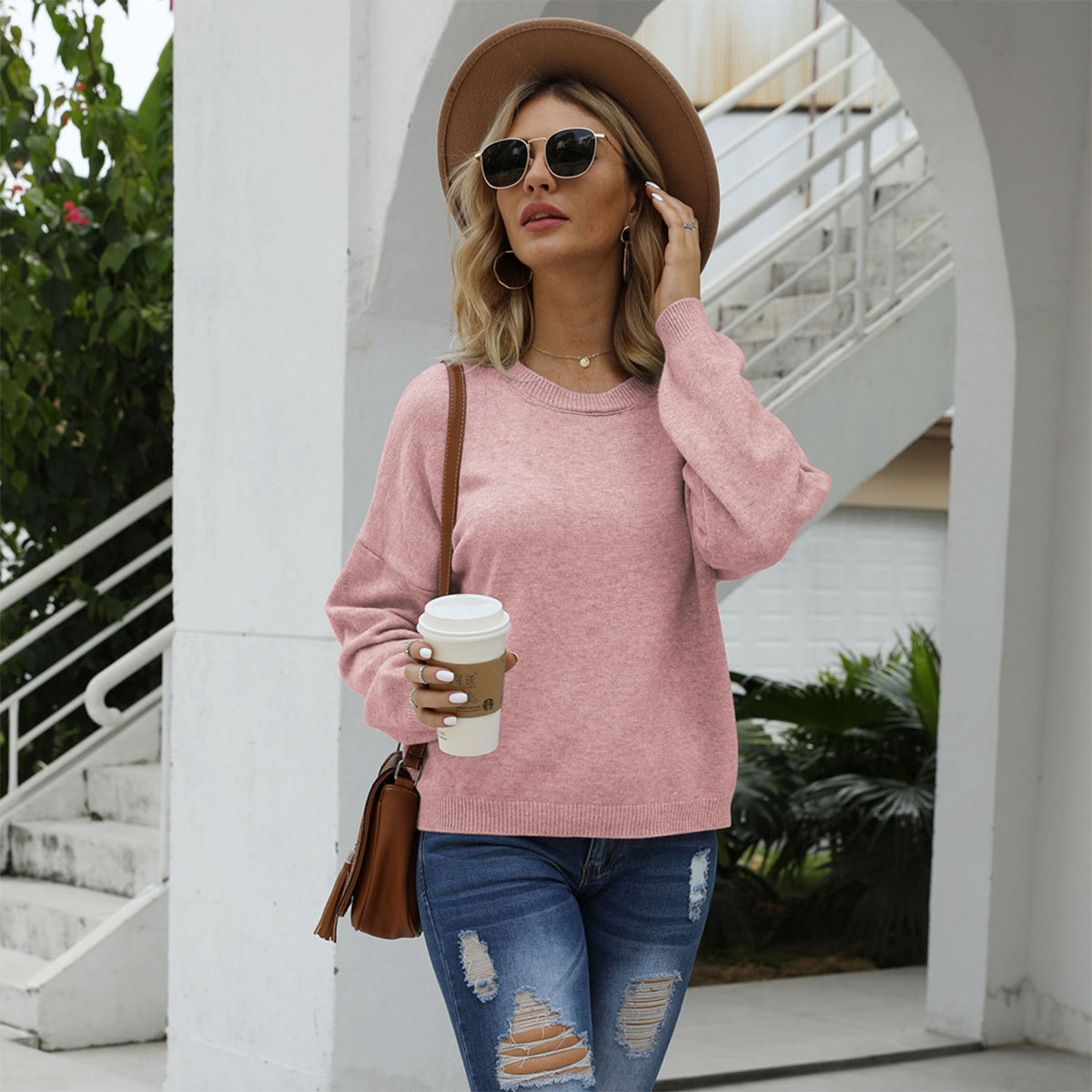 Shiny Round Neck Long Sleeve Drop Shoulder Sweater