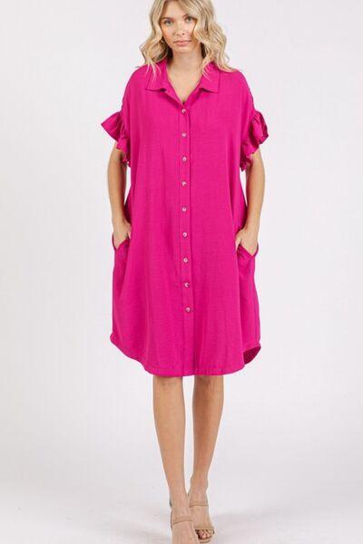 Mittoshop Button Down Flounce Sleeve Dress with Pockets Fuchsia Pink