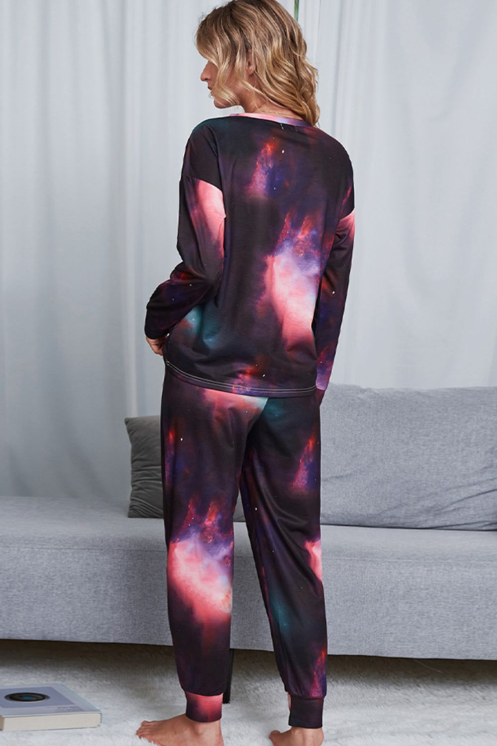 Shiny Tie-Dye Crewneck Top and Drawstring Waist Joggers Lounge Set