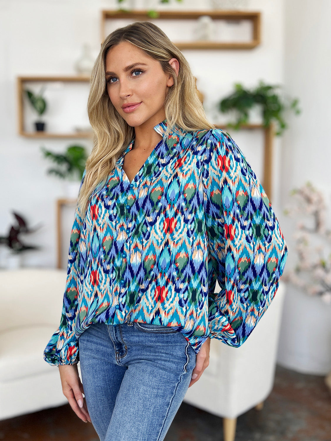 Double Take Full Size Printed Balloon Sleeve Blouse