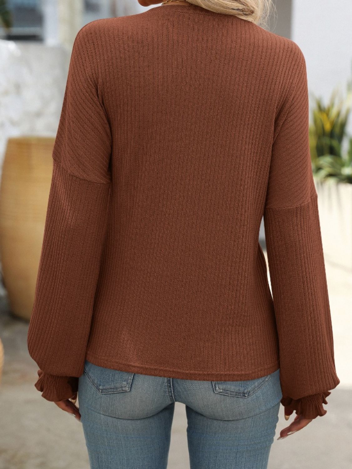 Mandy Ribbed Round Neck Long Sleeve T-Shirt