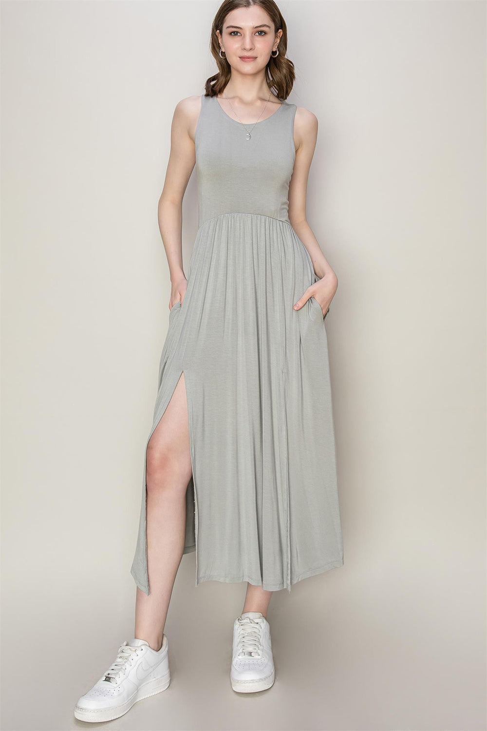 HYFVE Sleeveless Slit Midi Dress Gray