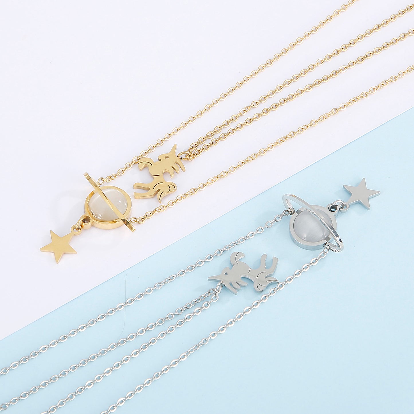 Unicorn and Star Shape Double-Layered Pendant Necklace