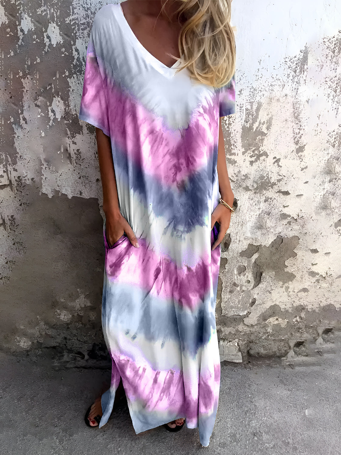 Full Size Pocketed Tie-Dye Short Sleeve Dress