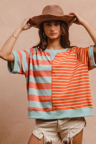 BiBi Striped Round Neck Half Sleeve French Terry Top Coral Blue