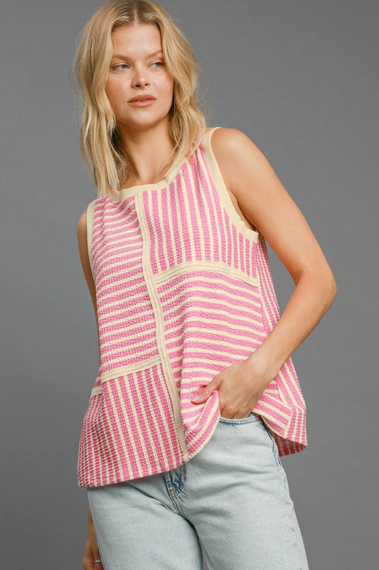 Umgee Round Neck Texture Striped Tank Pink