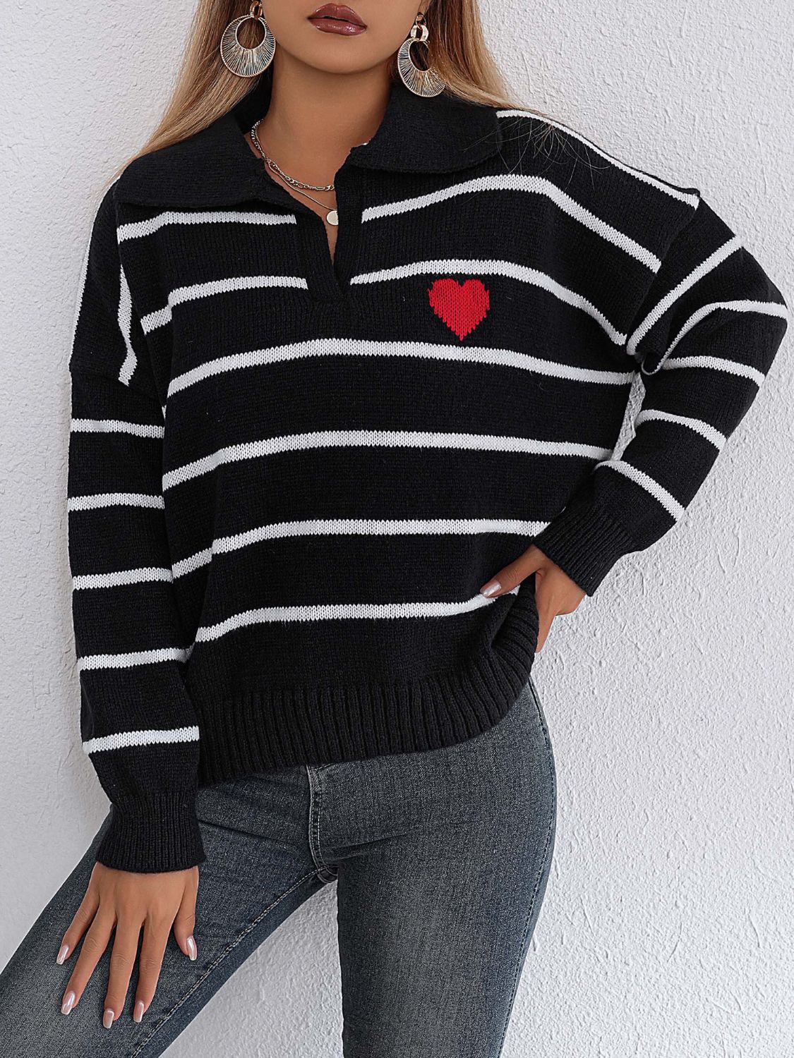 Striped Johnny Collar Long Sleeve Sweater Black One Size