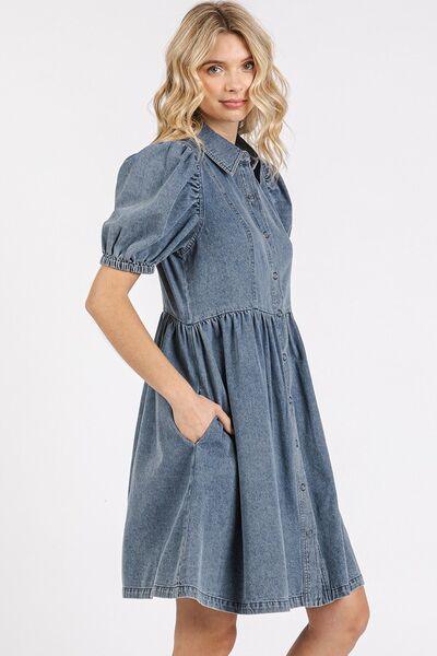 Mittoshop Button Down Puff Sleeve Denim Dress