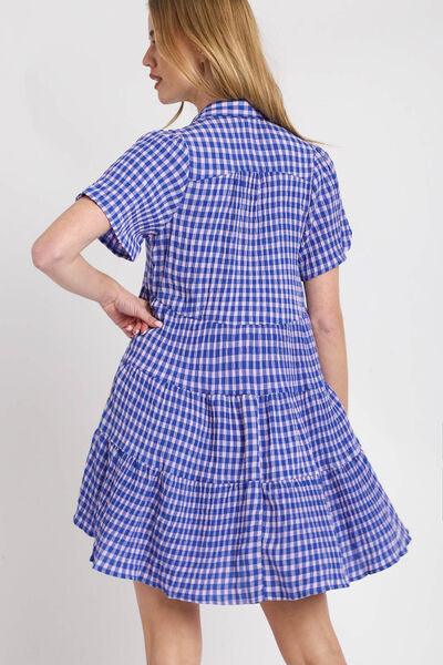 Umgee Full Size Gingham Tiered Button Detail Short Sleeve Dress Plus Size