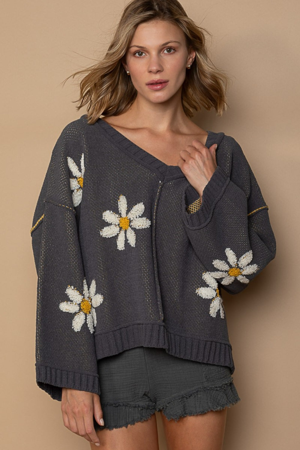 POL V-Neck Floral Pattern Chenille Sweater Charcoal