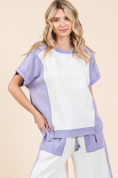 Mittoshop Oversized Color Block Short Sleeve T-Shirt WHITE PERI BLUE