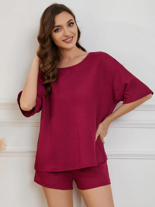 Women's Round Neck Half Sleeve Top and Shorts Lounge Set Burgundy