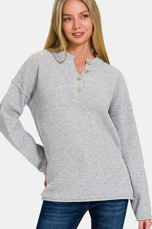 Button Closure Drop Shoulder Sweater 1