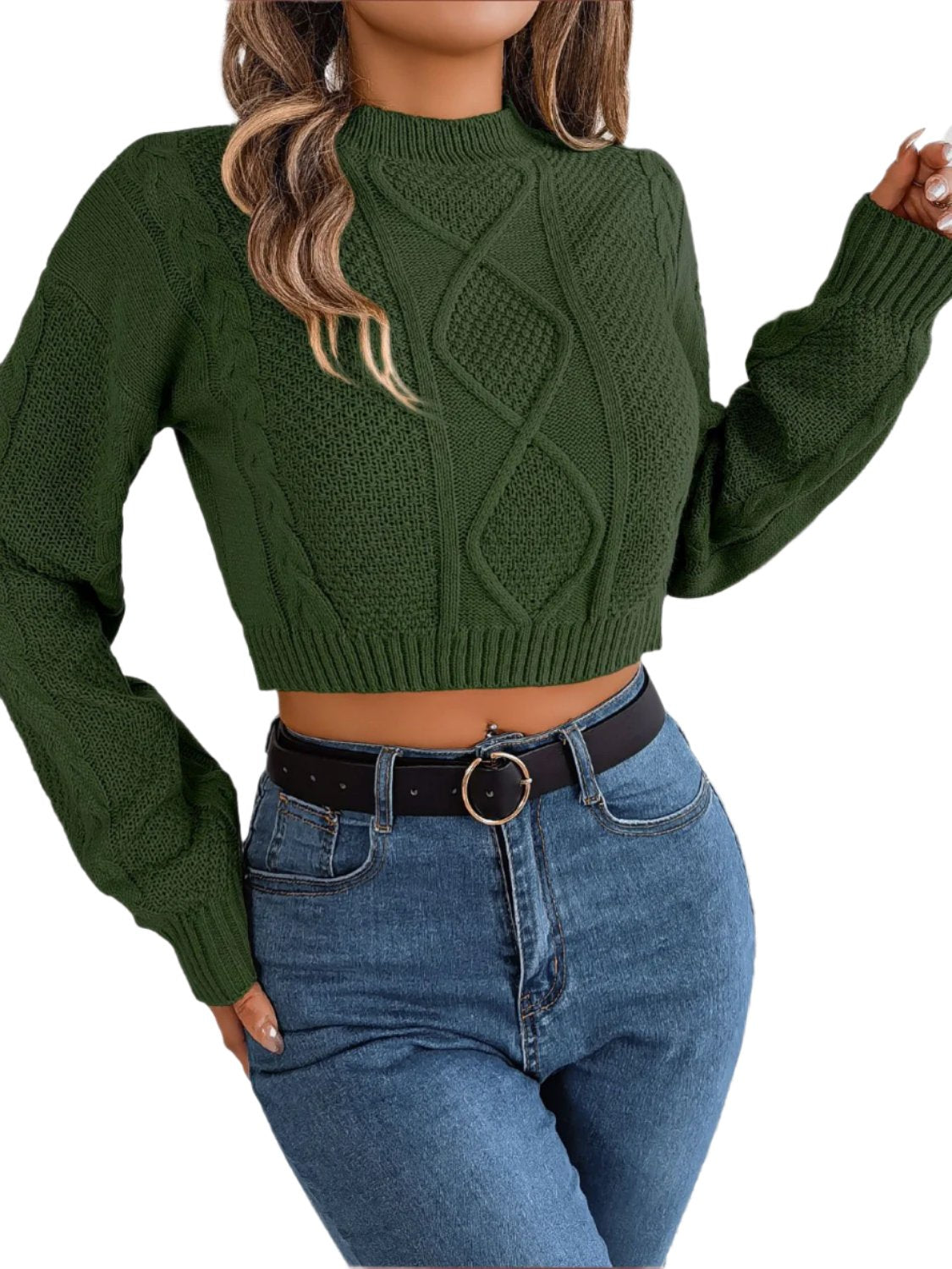 Cable-Knit Round Neck Cropped Sweater10