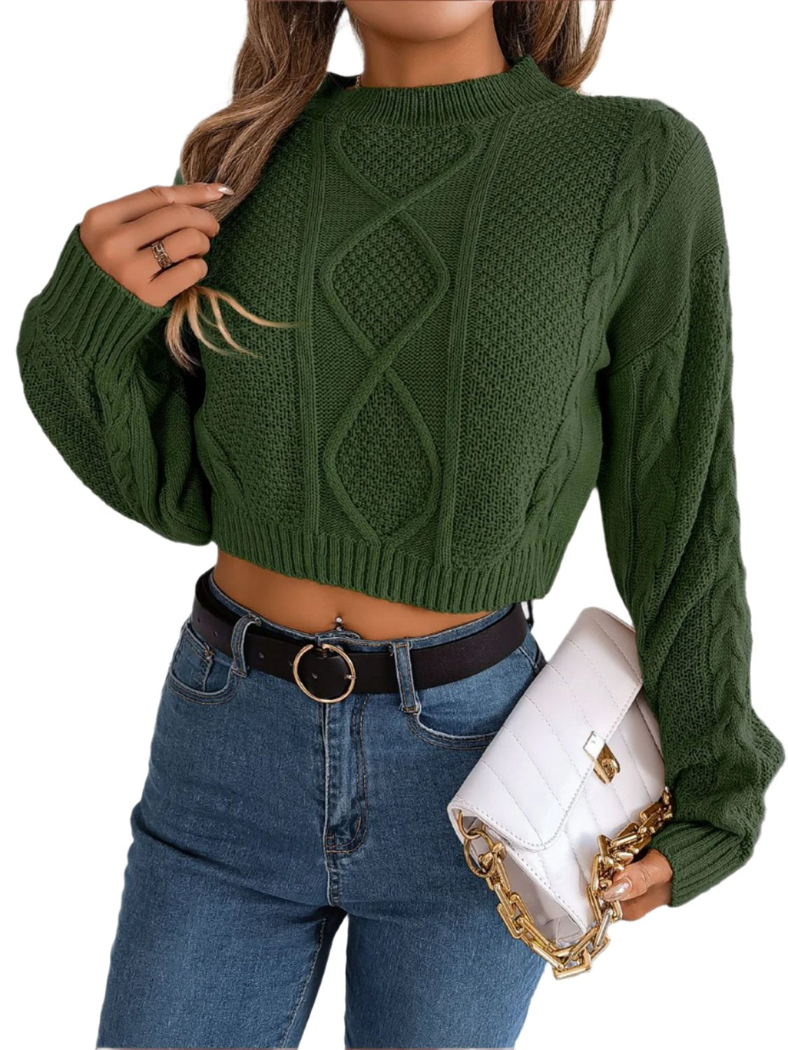 Cable-Knit Round Neck Cropped Sweater11