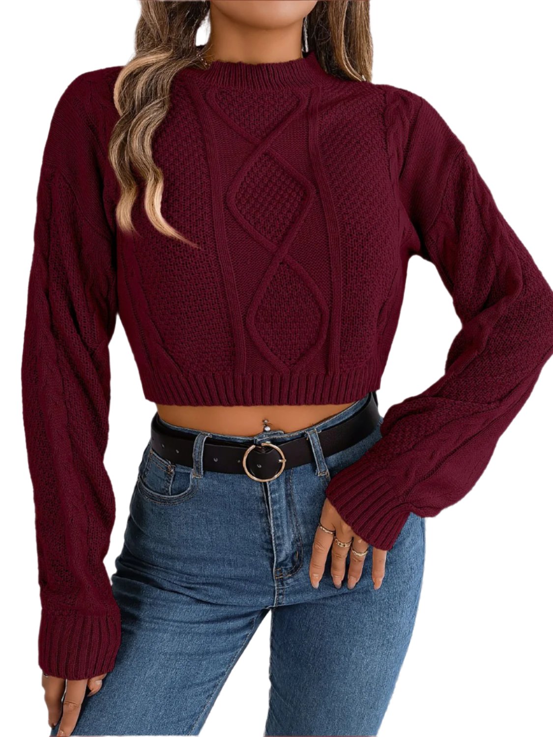 Cable-Knit Round Neck Cropped Sweater5