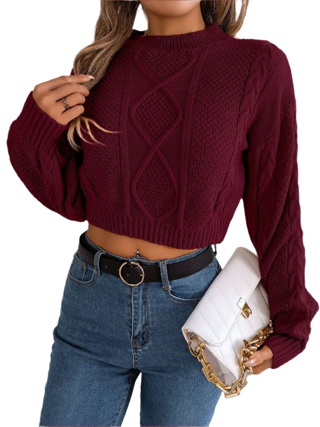 Cable-Knit Round Neck Cropped Sweater6