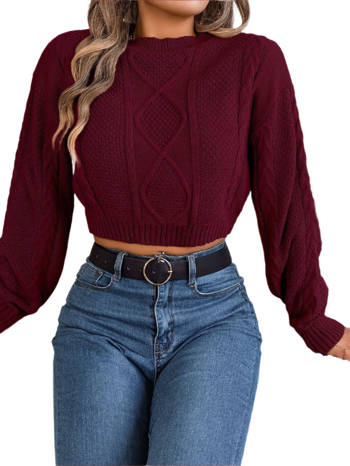 Cable-Knit Round Neck Cropped Sweater7