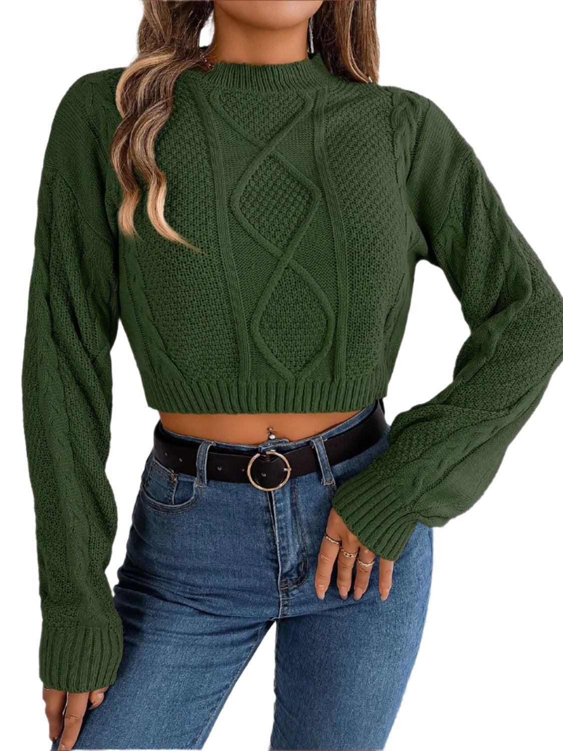 Cable-Knit Round Neck Cropped Sweater9