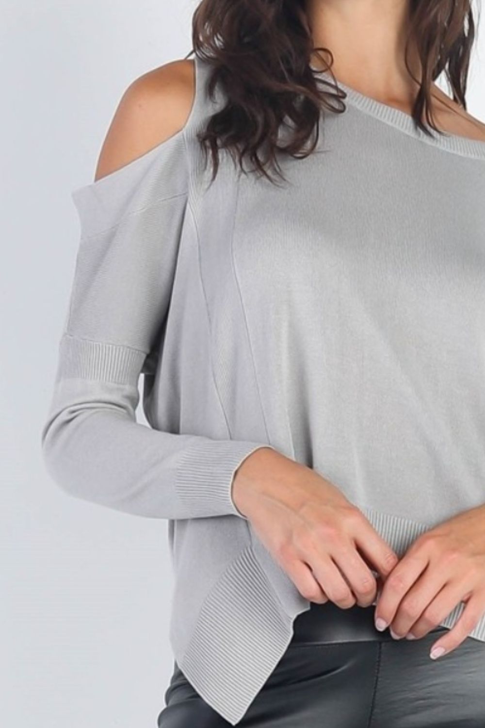 Cold Shoulder Long Sleeve Knit Top Gray3