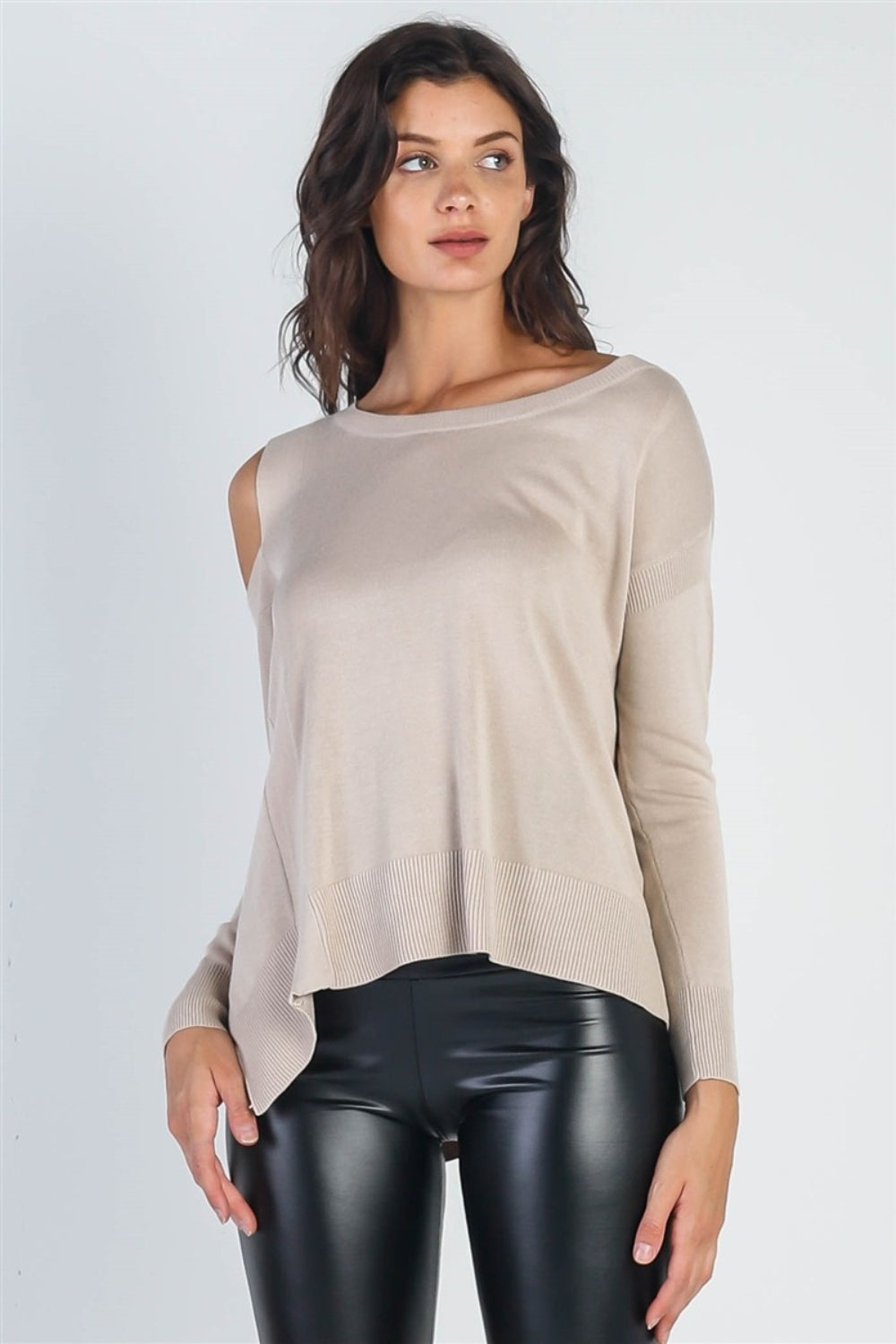 Cold Shoulder Long Sleeve Knit Top Tan1