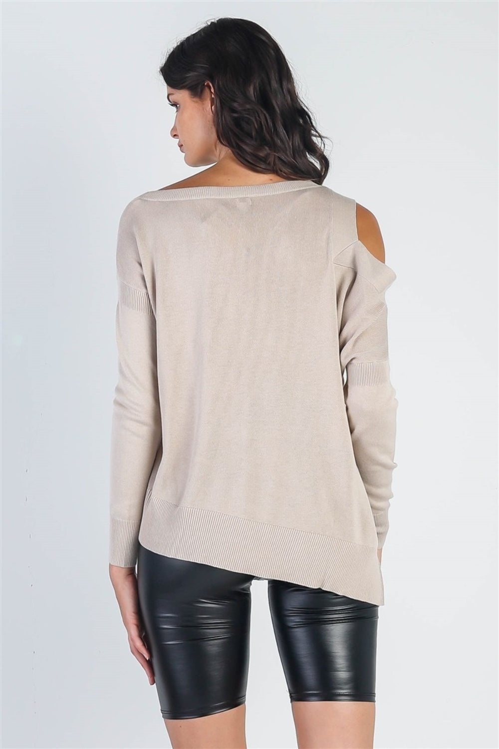 Cold Shoulder Long Sleeve Knit Top Tan2