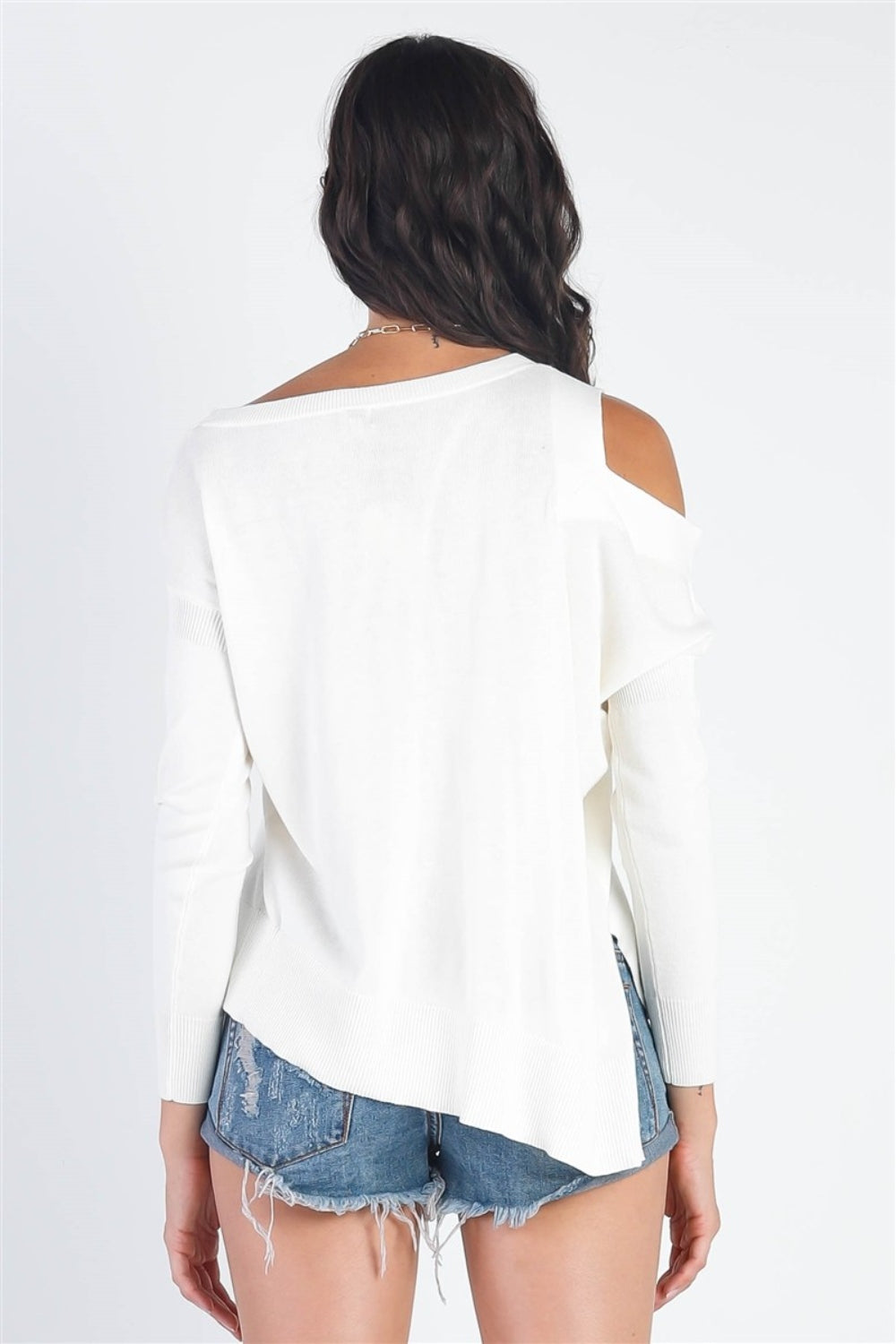 Cold Shoulder Long Sleeve Knit Top White2