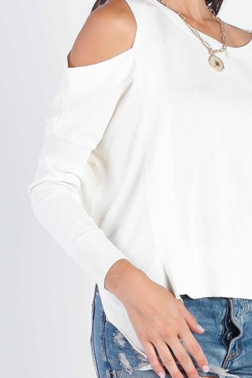 Cold Shoulder Long Sleeve Knit Top White4