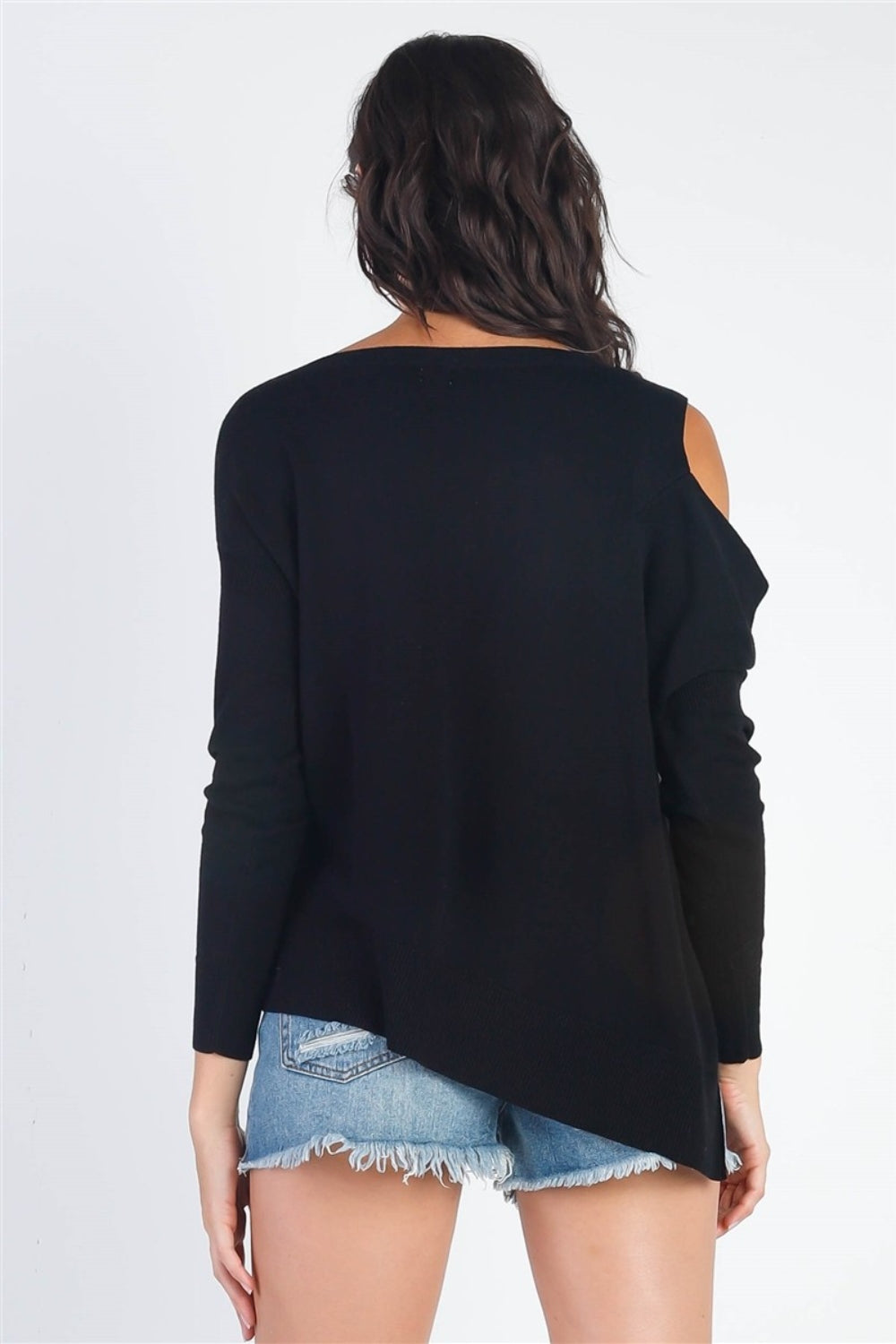 Cold Shoulder Long Sleeve Knit Top black2