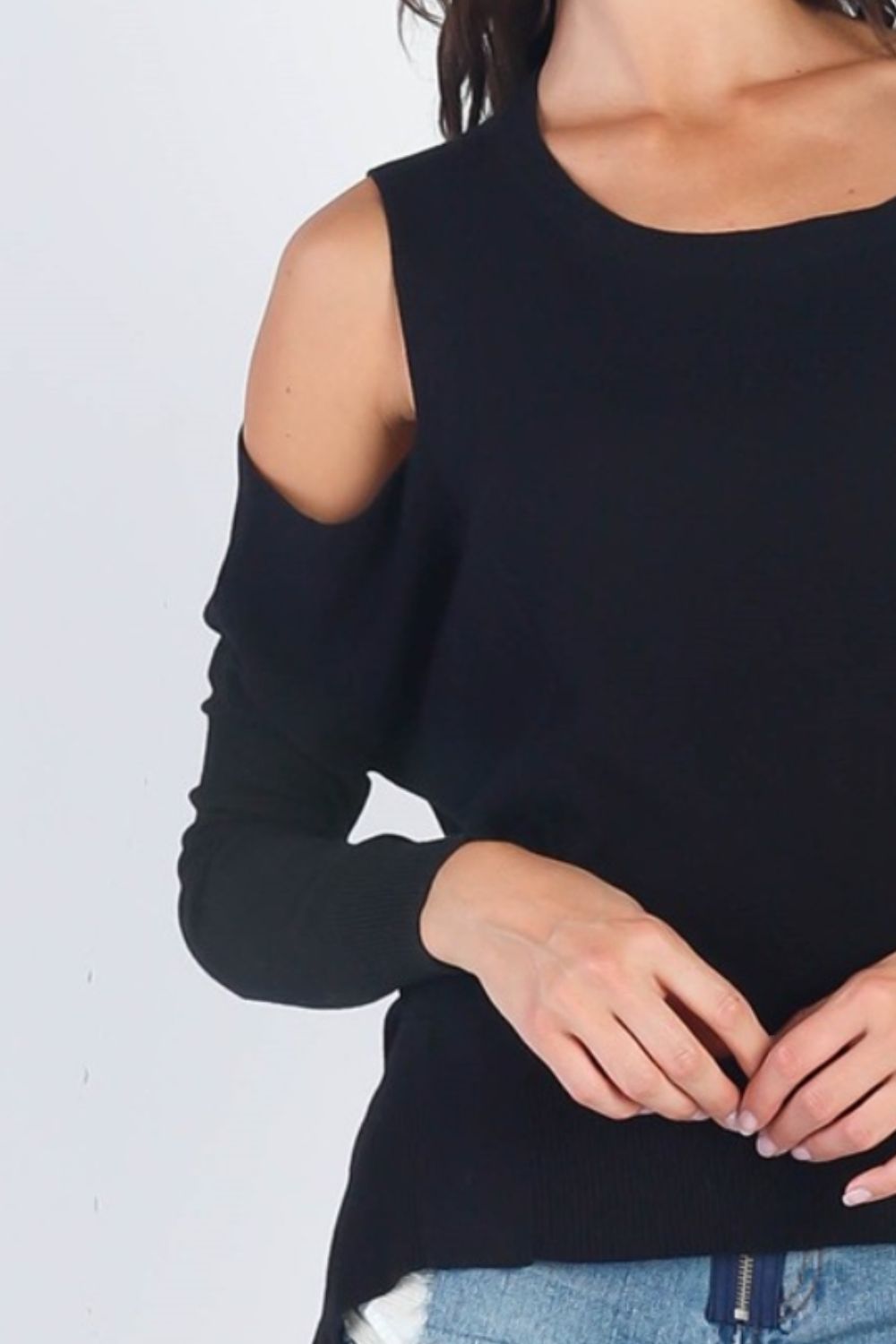 Cold Shoulder Long Sleeve Knit Top black3