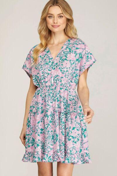 She + Sky Full Size Ruffled Hem Printed Surplice Kimono Sleeve Mini Dress Plus Size Turquoise