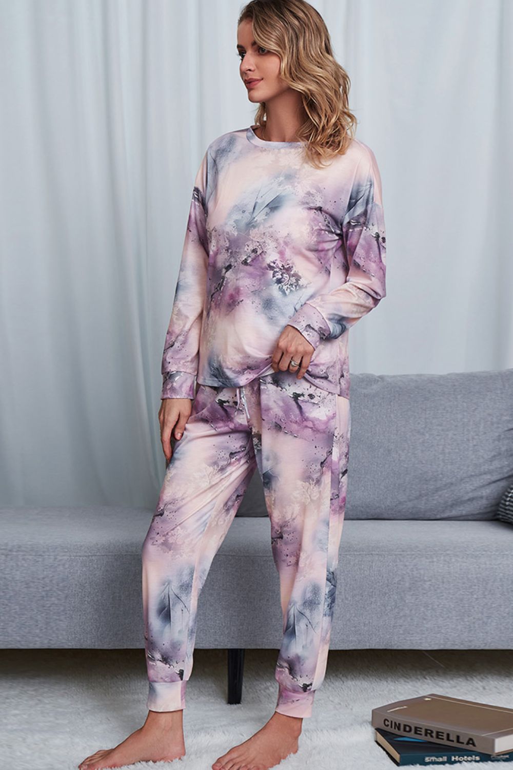 Shiny Tie-Dye Crewneck Top and Drawstring Waist Joggers Lounge Set