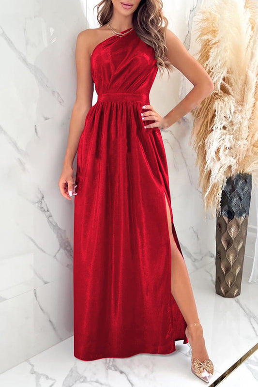 One Shoulder Slit Ruched Maxi Dress Red