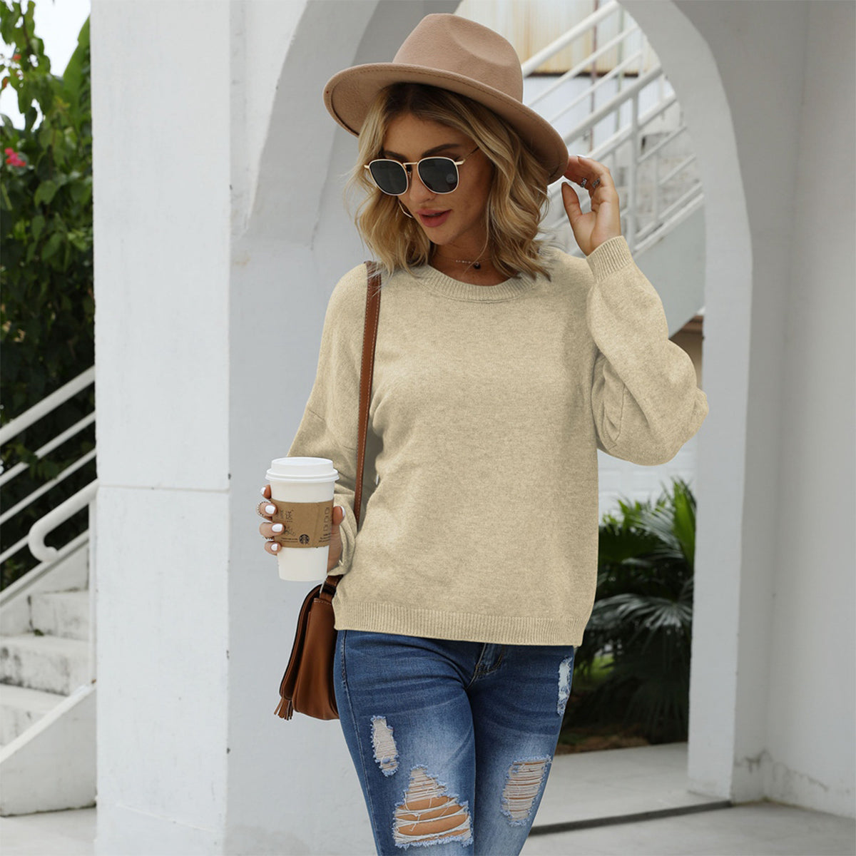 Shiny Round Neck Long Sleeve Drop Shoulder Sweater