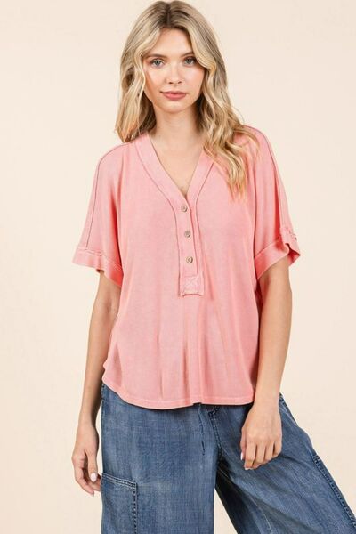 Mittoshop Mineral Wash Henley Short Sleeve Waffle Knit Top