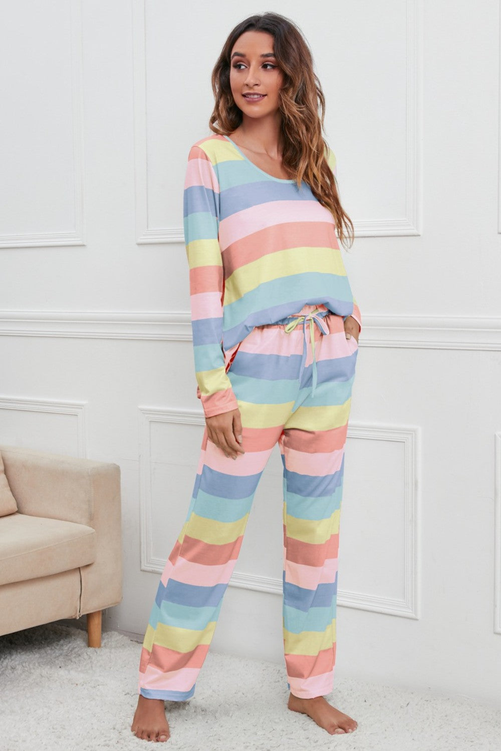 Striped Round Neck Long Sleeve Top and Drawstring Pants Lounge Set Light Yellow