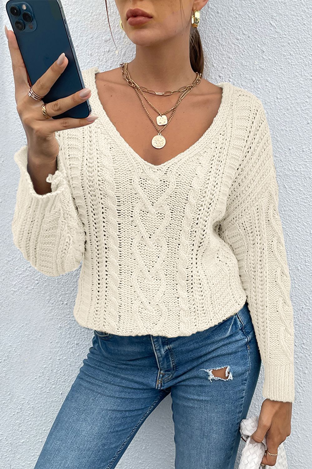 Shiny V-Neck Cable-Knit Long Sleeve Sweater