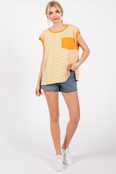 Ces Femme Side Slit Striped Cap Sleeve T-Shirt