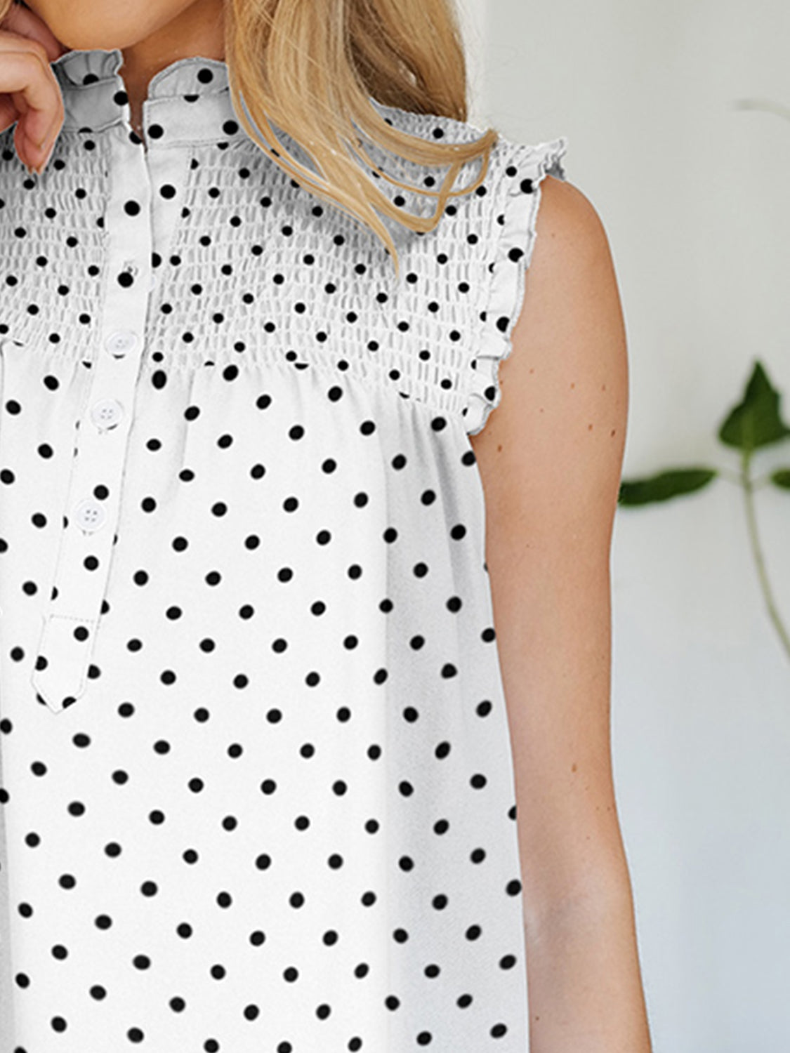 Frill Printed Mock Neck sleeveles blouse in Polka Dot, Striped, and Floral