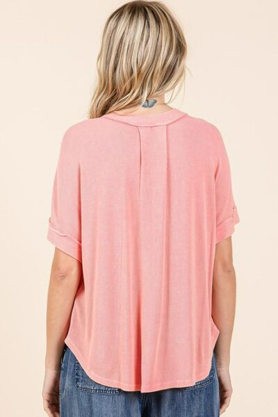 Mittoshop Mineral Wash Henley Short Sleeve Waffle Knit Top