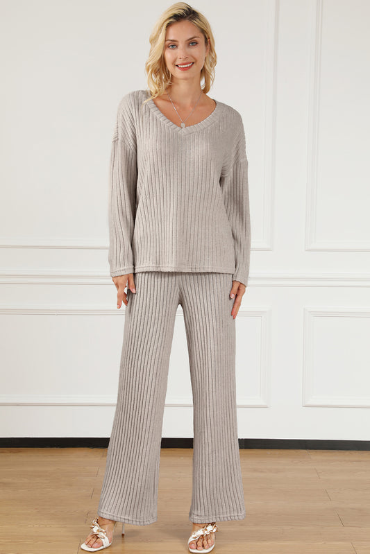 Ribbed V-Neck Top and Pants Lounge Set Light Gray