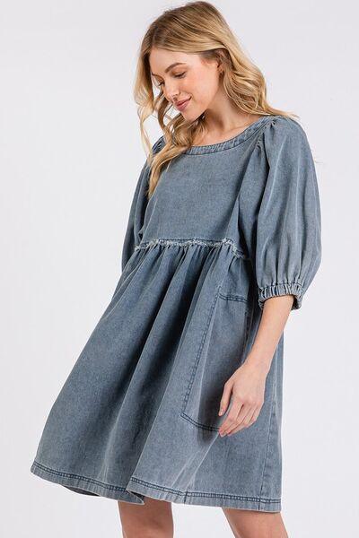 Mittoshop Washed Round Neck Puff Sleeve Denim Dress